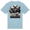 Blue t-shirt with demon graphic design.
