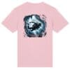 Pink shirt with diver graphic on back.