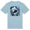 Blue shirt with diver graphic on back.