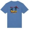 Blue shirt with parkour graphic design.
