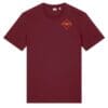 Maroon T-shirt with geometric logo design.