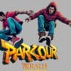 Two men performing parkour over graffiti text.