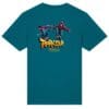 Teal shirt with parkour graphic design.