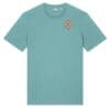 Aqua-green tee featuring orange chest emblem