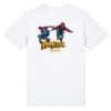 White T-shirt with parkour graphic design.