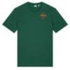 Green t-shirt with geometric chest logo.