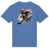 Blue T-shirt with colorful skiing graphic.