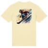 Person snowboarding on colorful graphic t-shirt.