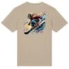 Beige t-shirt with colorful snowboarding graphic.
