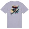 Snowboarder graphic on purple t-shirt back.