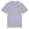 Purple T-shirt with small diamond logo.