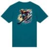 Teal T-shirt featuring vibrant skier illustration.