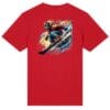 Red shirt featuring a dynamic skiing design.