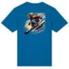 Blue shirt with vibrant skiing graphic design.