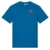 Blue T-shirt with colorful geometric logo.