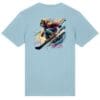 Snowboarder artwork on light blue T-shirt.