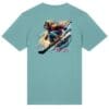 Snowboarder graphic on turquoise T-shirt.