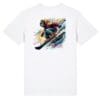 Snowboarder graphic on white T-shirt back.
