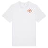 White t-shirt with a red logo.